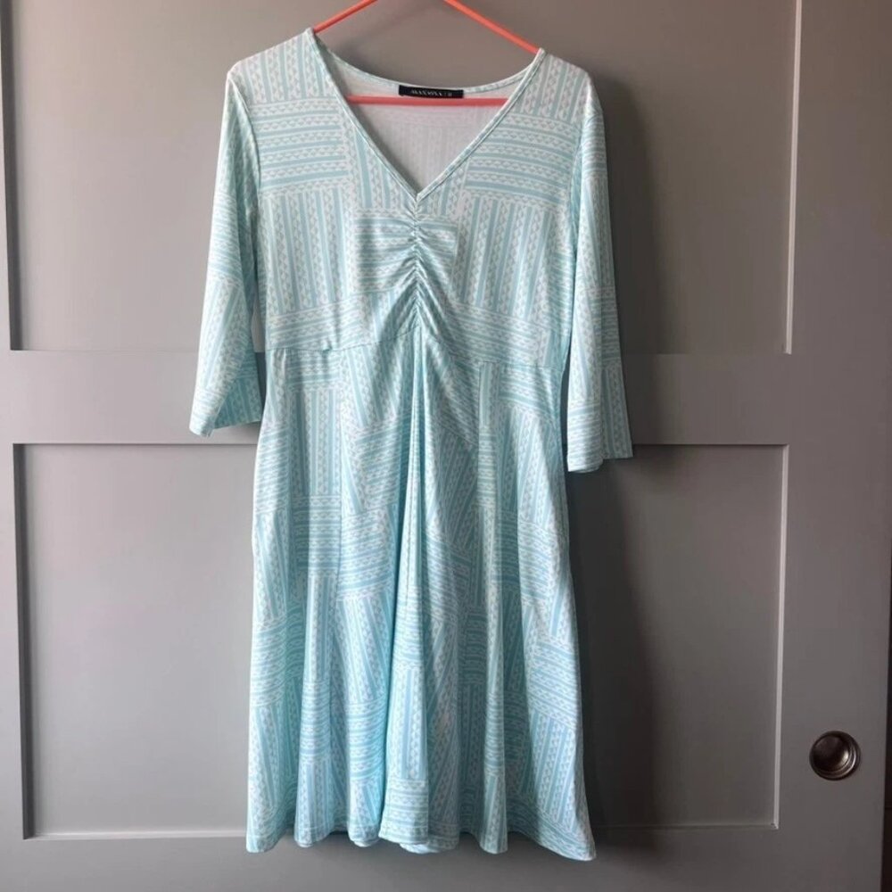 Manaola Dress Hawaiian Blue White Geometric Print V Neck 3/4 Sleeve Women